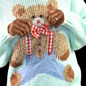 Vintage Far and Near Teddy Bear 3D Sweater Green Pastel Textured Fairy Kei Kawaii 90s Campy Novelty Large