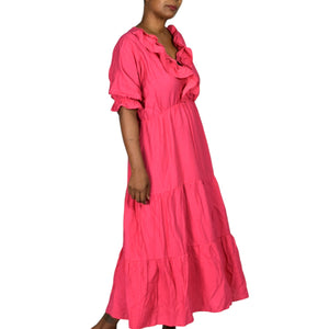 Zara Frilly Dress Pink Bright Hot Fuchsia Midi Tiered Romantic Girly Ruffle Neck Large