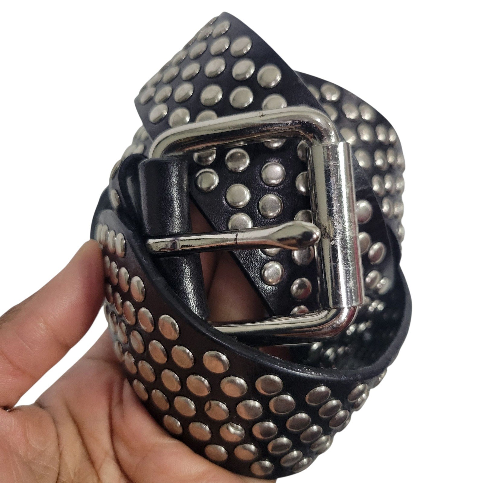 Guess Studded Leather Belt Silver Rivet Black Brass Buckle Edgy Moto Biker Large