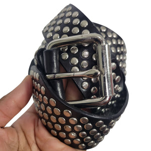 Guess Studded Leather Belt Silver Rivet Black Brass Buckle Edgy Moto Biker Large