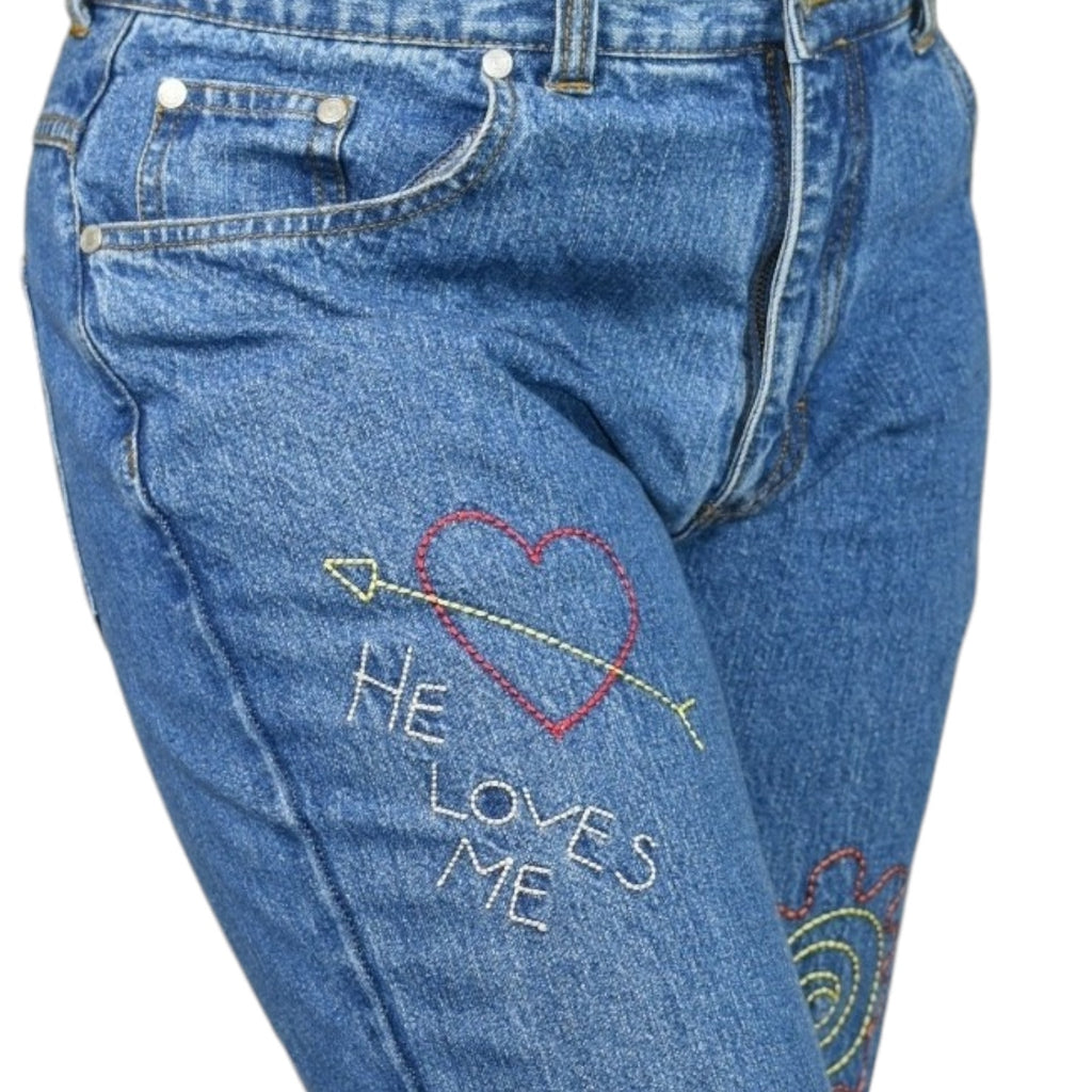 Vintage No Boundaries Embroidered Flare Jeans Blue High Rise Retro Y2K Retro Cropped Doodles Graffiti Juniors Size 11