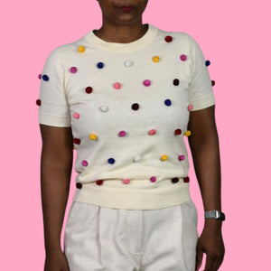 Kate Spade Pom Pom Sweater White Rainbow Colorful Short Sleeve Pullover Embellished Small