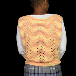 Homemade Sweater Vest Top Jerkin Yellow Vintage Hand Knit Knitted Pastel Wave Medium
