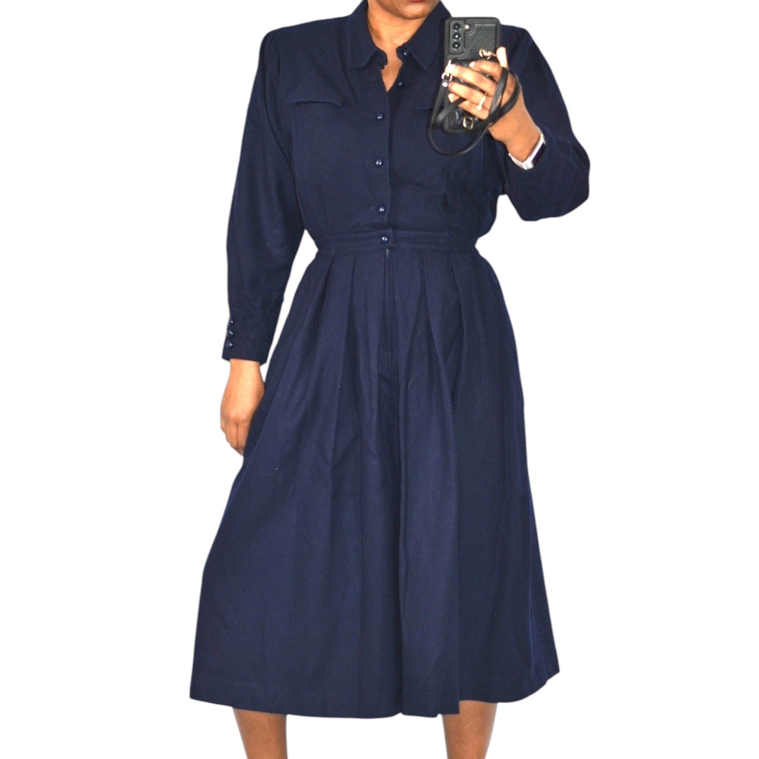 Blue Berry Retro Office Midi Dress Blue Navy Shirt Shoulder Pads Collar Pleated Small 2 4