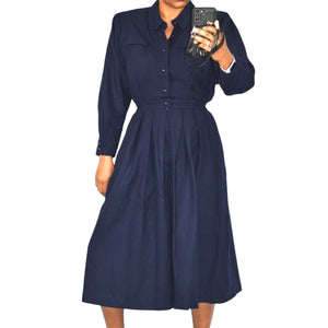 Blue Berry Retro Office Midi Dress Blue Navy Shirt Shoulder Pads Collar Pleated Small 2 4