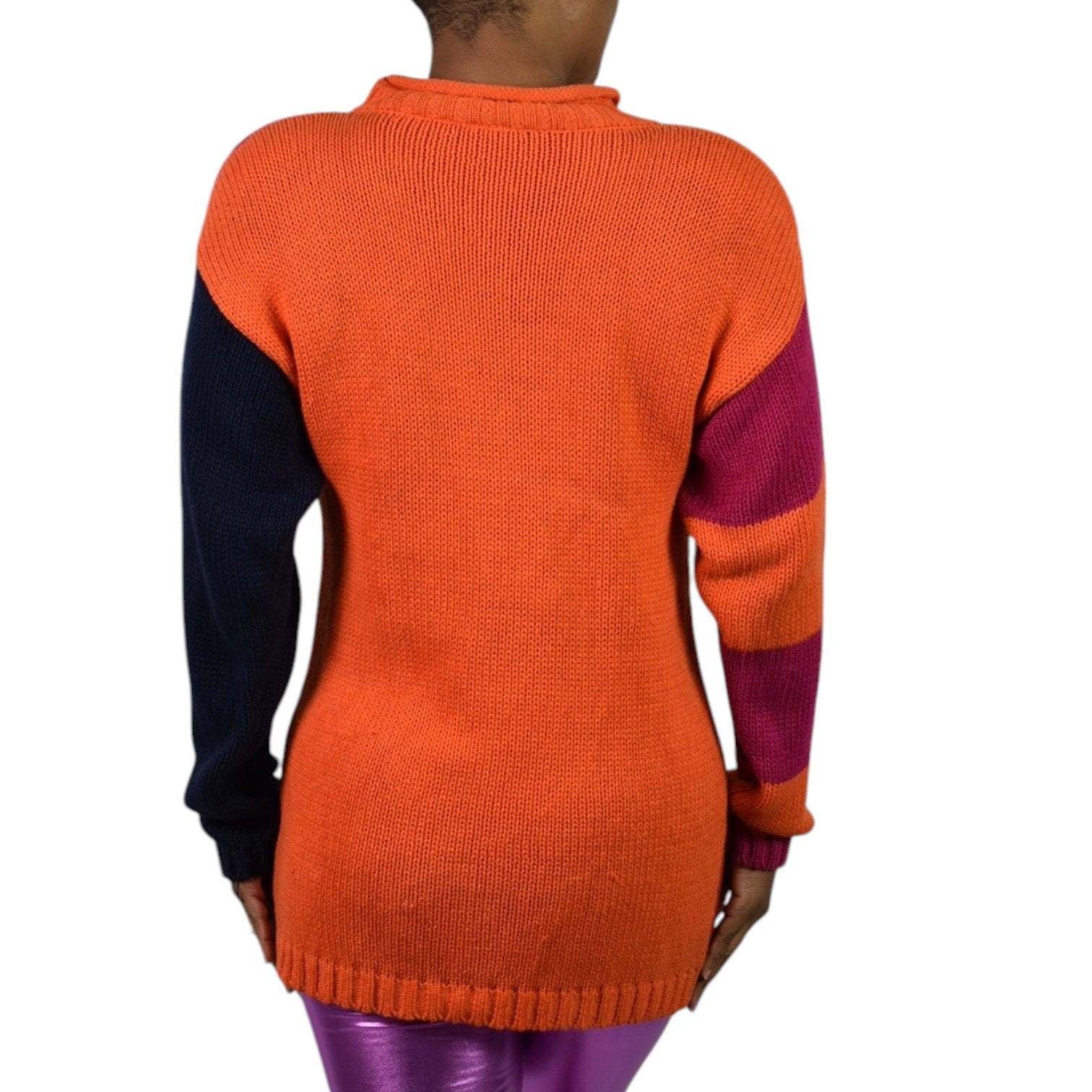 Vintage Pasta Knit Sweater Orange Multi Abstract Print Intarsia Novelty Chunky Shoulder Pads Small