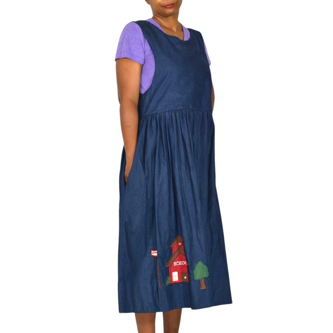 Vintage Betsys Denim Pinafore Dress Blue Teacher Applique Smock Patchwork Long School Medium