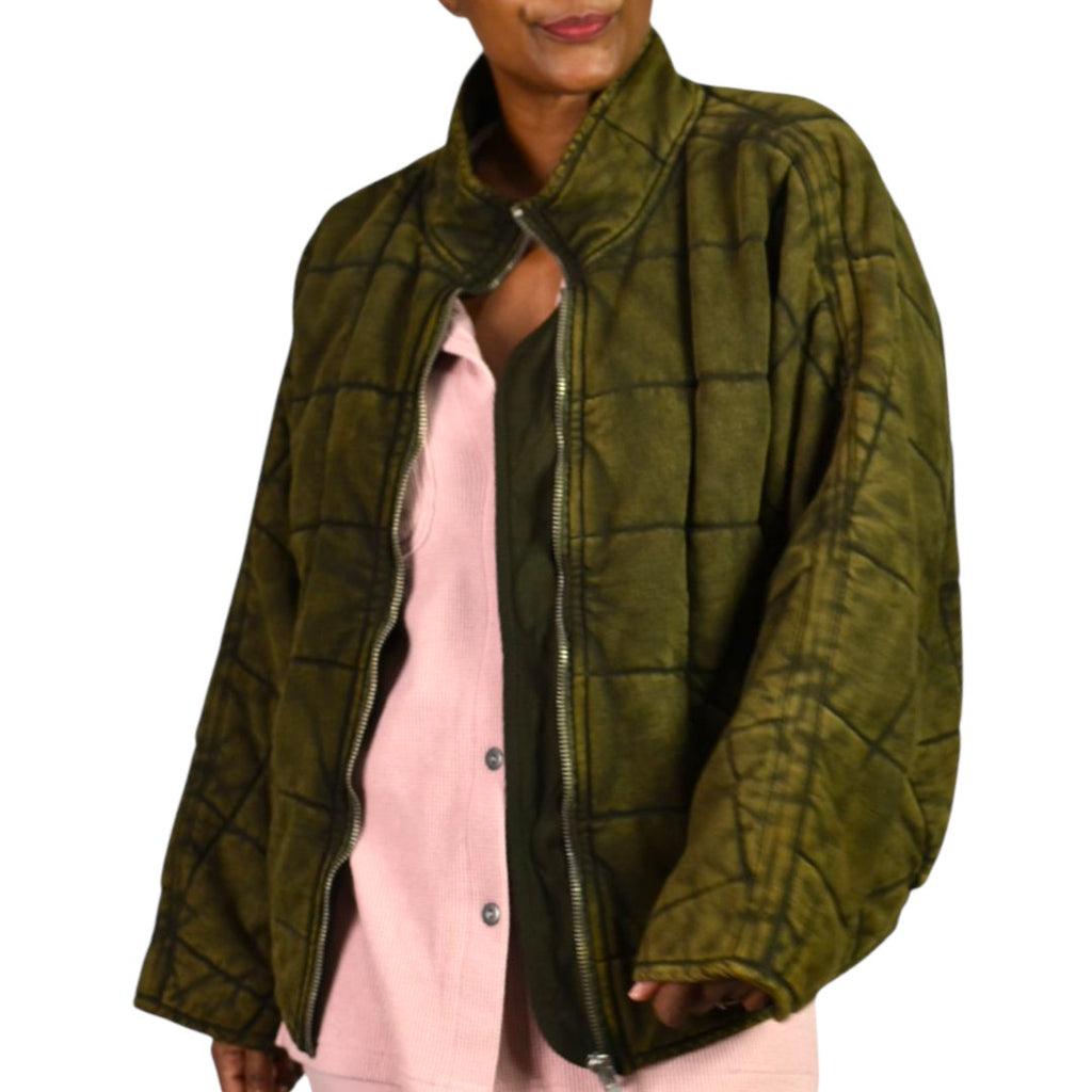 Free People Dolman Quilted Knit Jacket Green Olive Bomber Oversized Cotton Coat XS