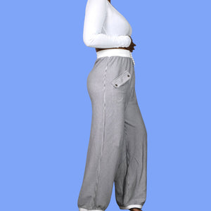 Vintage Lyse Spenard Weekend Pants Black Stripe Knit Drawstring Pull On Stretch Lagenlook Large