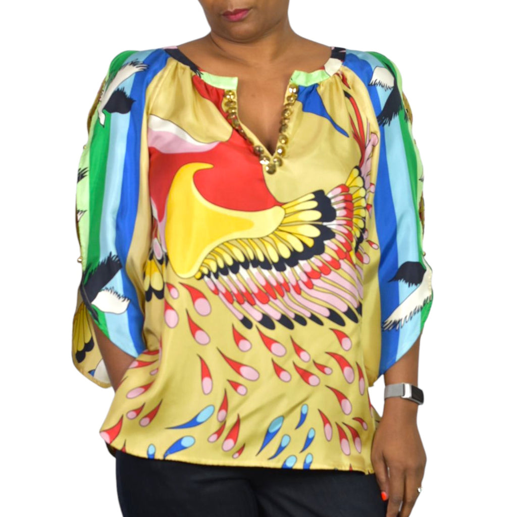 TIBI Silk Printed Tunic Yellow Colorful Peacock Jeweled Studded Blue Cutouts Birds 6