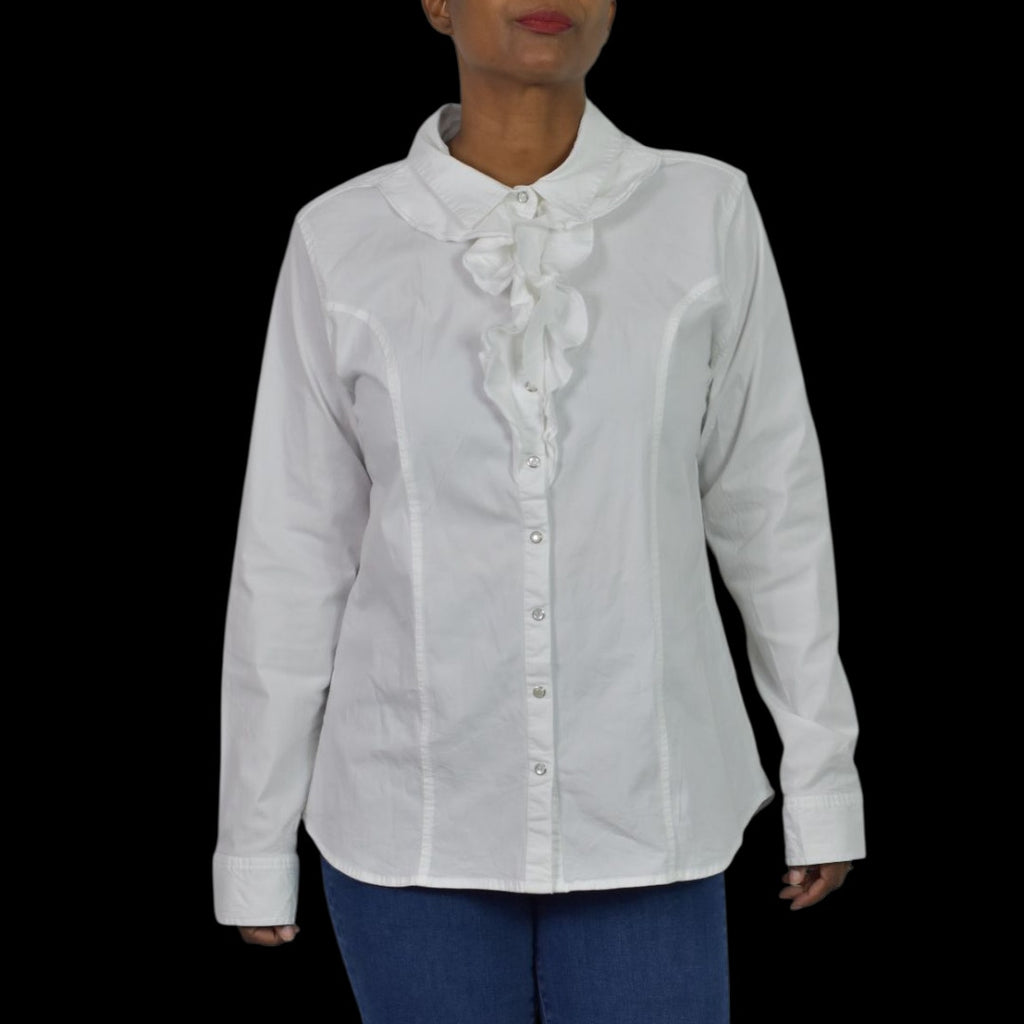 Back in the Saddle White Shirt Equestrian Cowgirl Collared Button Front Ruffled Fitted Tailored Large
