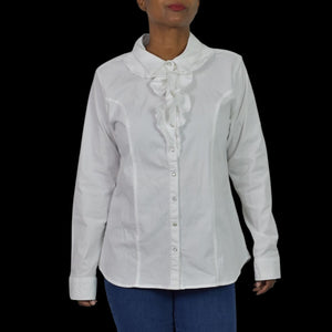 Back in the Saddle White Shirt Equestrian Cowgirl Collared Button Front Ruffled Fitted Tailored Large