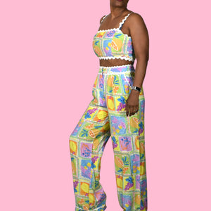 Fore Fruit Print Pant Set Yellow Block Print Matching CoOrd Crop Top Wide Leg Medium