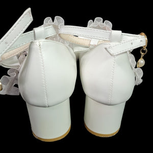 Lolita Mary Jane Shoes White Bows Ribbons Chunky Block Heels Platform Coquette Frilly Size 8