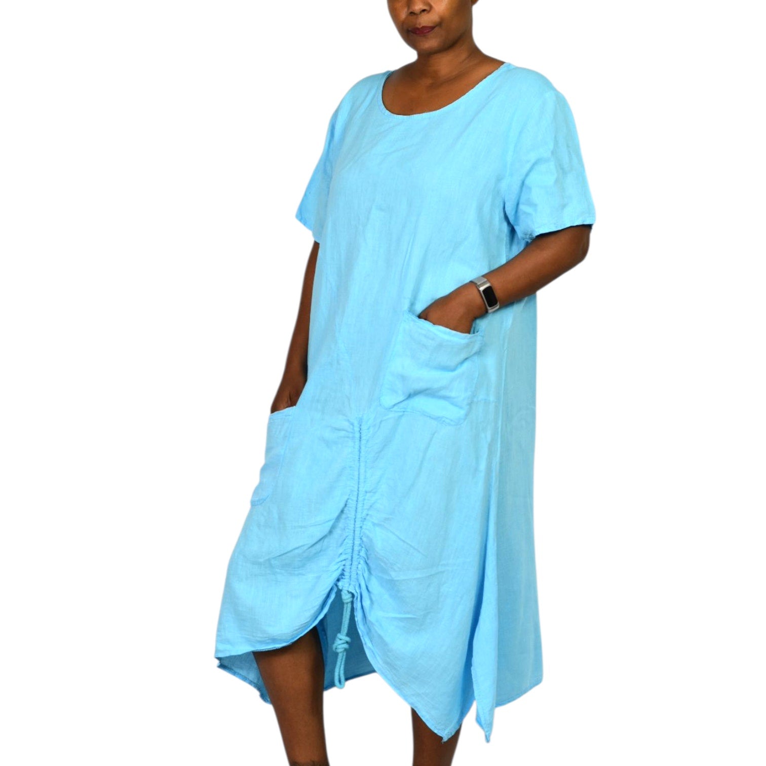 Fenella Linen Dress Blue Crinkled Lagenlook Ruched Pockets Italian Asymmetric Pockets One Size S M L XL