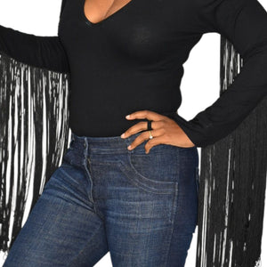 ASOS Fringe Bodysuit Black Plunge V Neck Long Sleeve Top Stretch Statement Blouse 6