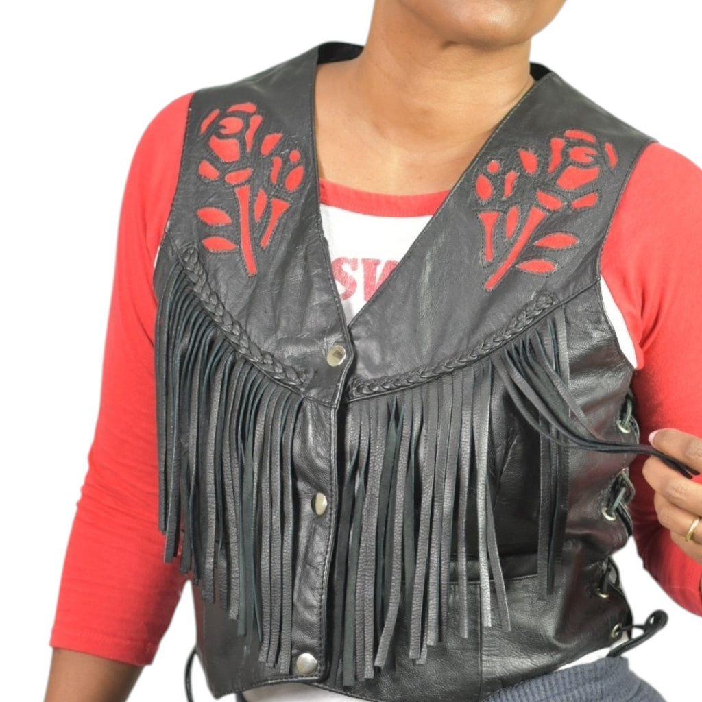 Vintage Hot Leathers Biker Rose Fringe Vest Black Leather Laced Retro Embroidery Moto Large