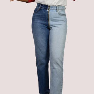 Revice Ying Yang Crop Jeans Blue Two Tone Denim Straight Front to Back Zipper High Waisted 27