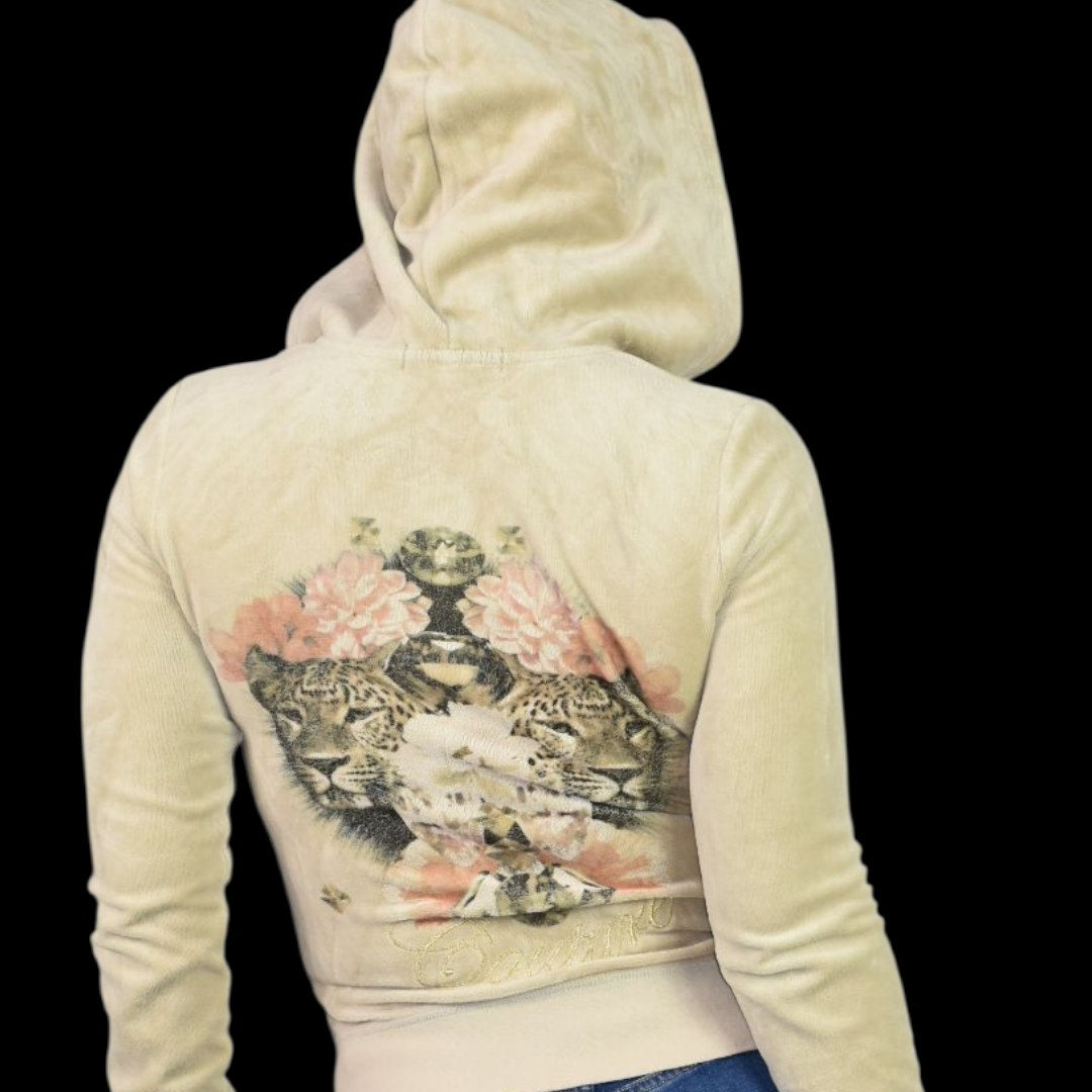 Juicy Couture Velour Hoodie Beige Zip Front Y2K Jacket Leopard Diamond Airbrush Logo Small