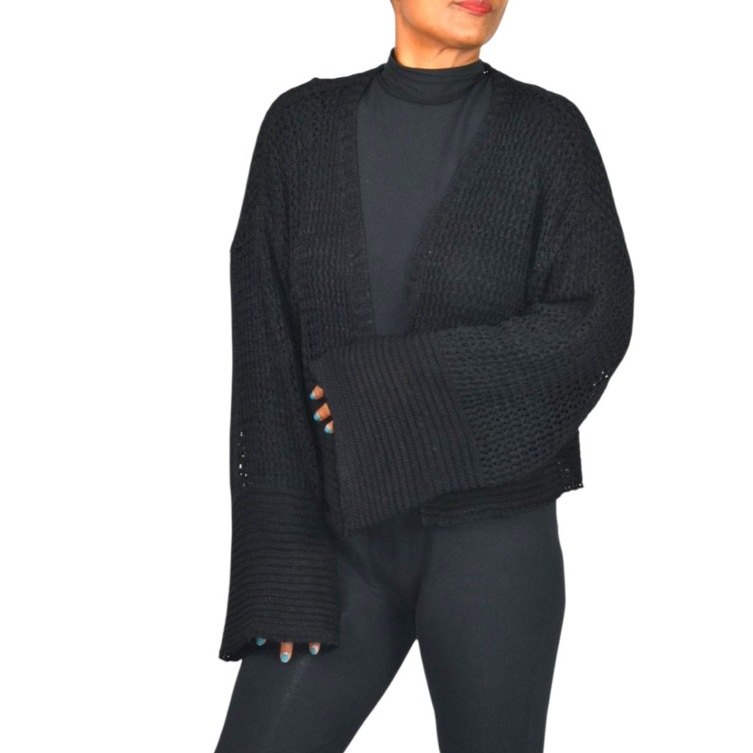 Anthropologie Open Weave Knit Cardigan Black Bell Sleeve Shrug Shawl Sweater One Size