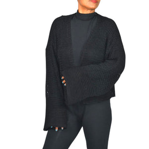 Anthropologie Open Weave Knit Cardigan Black Bell Sleeve Shrug Shawl Sweater One Size