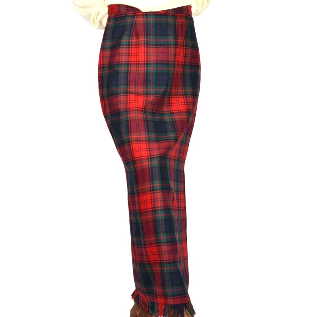 Vintage Rafaella Sport Tartan Maxi Skirt Red Plaid Check Fringe Slit Wool Long Straight Column 8