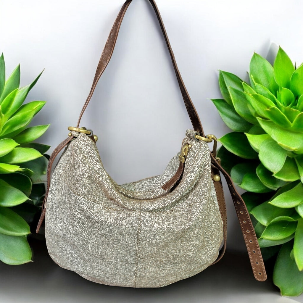 Hobo Slouchy Stingray Shoulder Bag Brown Shagreen Glazed Leather Curved Dotted Crossbody Convertible