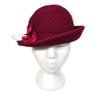 Vintage Betmar Cloche Hat Red Felt Wool Brim Winter Dressy USA Veil Flowers 40s 50s Style Fascinator Small