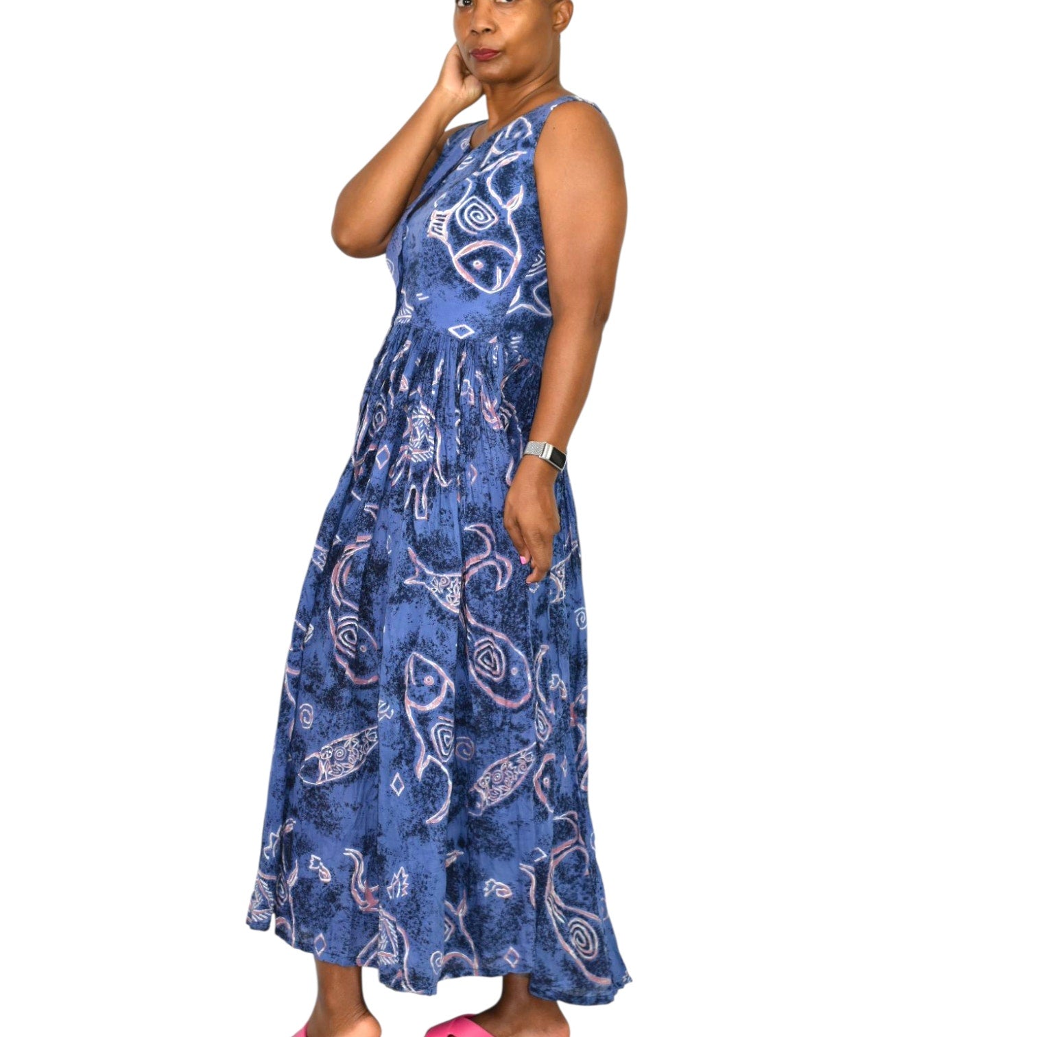 Vintage Jasmine KVM Dress Blue Fish Print Tent Shift Midi Cotton Gauze Airy Open Back Tie Medium