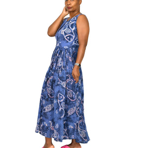 Vintage Jasmine KVM Dress Blue Fish Print Tent Shift Midi Cotton Gauze Airy Open Back Tie Medium