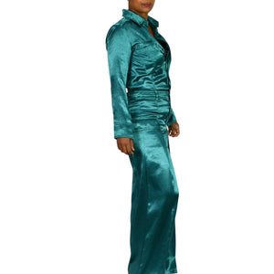 Free People Night Like This One Satin Jumpsuit Green Emerald Jewel Tone Silky Flare Wide Leg Cutout Utility XS