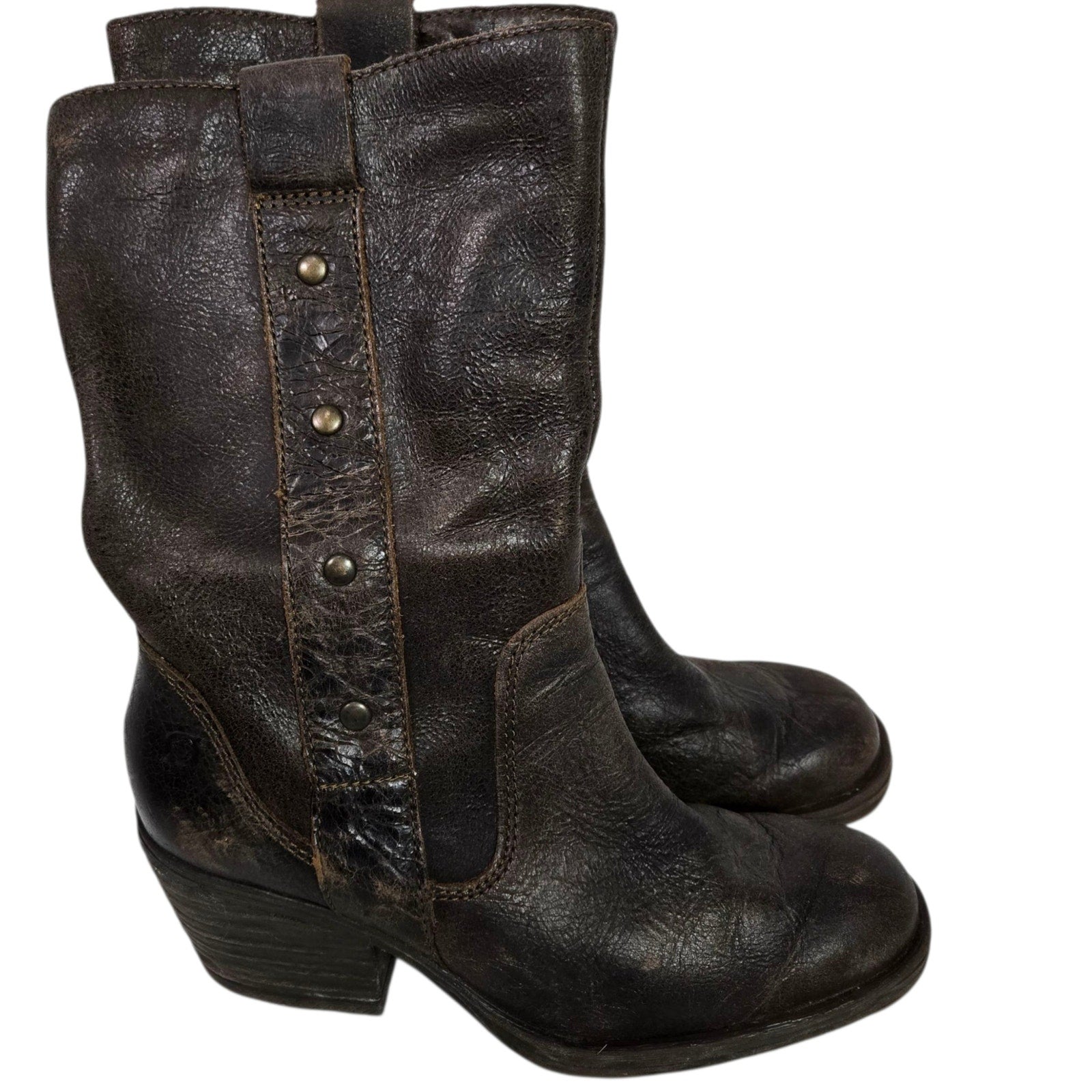 Born Leather Motorcycle Boots Brown Distressed Studs Mid Calf Winter Pull On 8.5