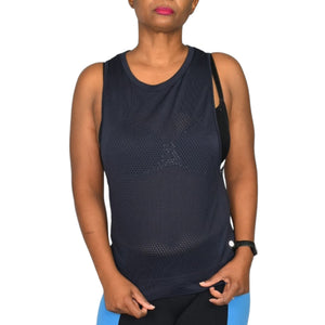 Lululemon Breezy By Muscle Tank Top Blue Navy Perforated Ventilated Open Sides Stretch Run Size Small