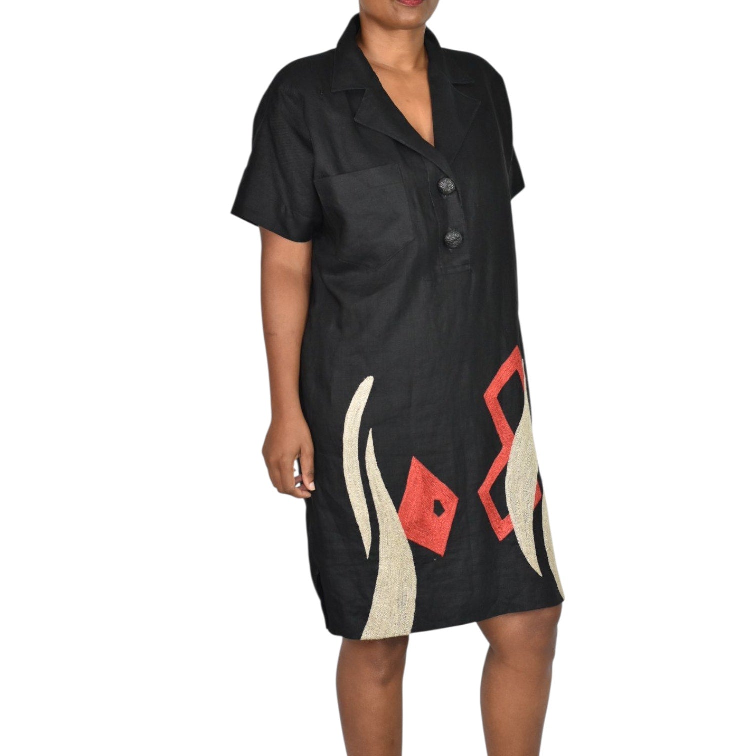 Vintage Andrea Jovine Linen Dress Black Print Abstract Embroidery Cocoon 10 Medium