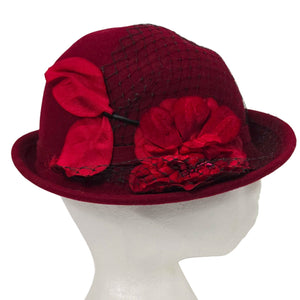 Vintage Betmar Cloche Hat Red Felt Wool Brim Winter Dressy USA Veil Flowers 40s 50s Style Fascinator Small