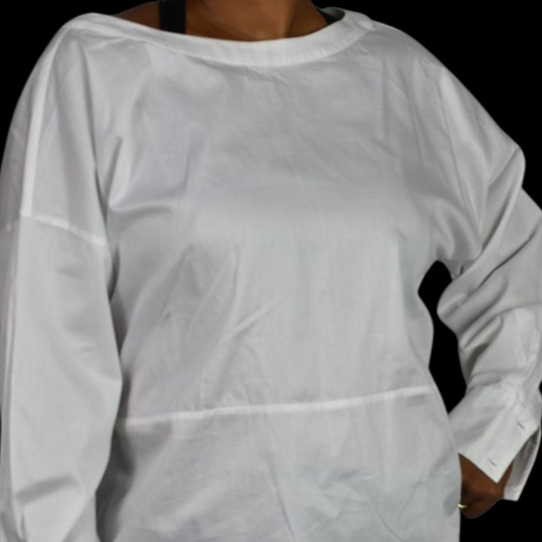 Harshman Anthropologie Cotton Blouse White Shirt Tie Button Back Oversized Backwards Small
