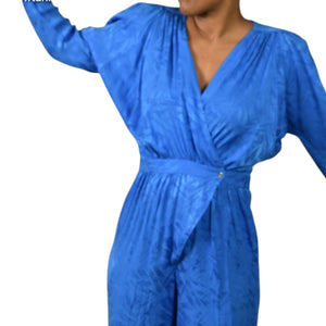 Nora Noh Silk Jumpsuit Blue Vintage Silky Shoulder Pads Tapered Boilersuit Jacquard Small