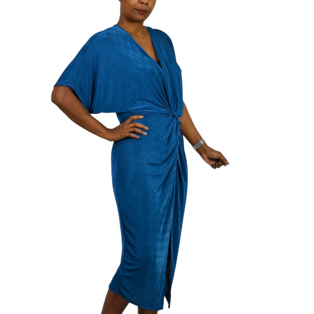 Floerns Dress Teal Blue Jersey Midi Ruched Knot Front Slit Shimmer Stretch Draped XL