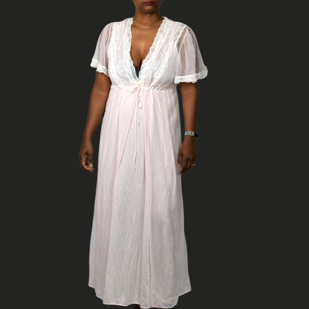Vintage Katz Peignoir Set Baby Pink Chiffon Sheer Nylon Negligee Gown Robe Large