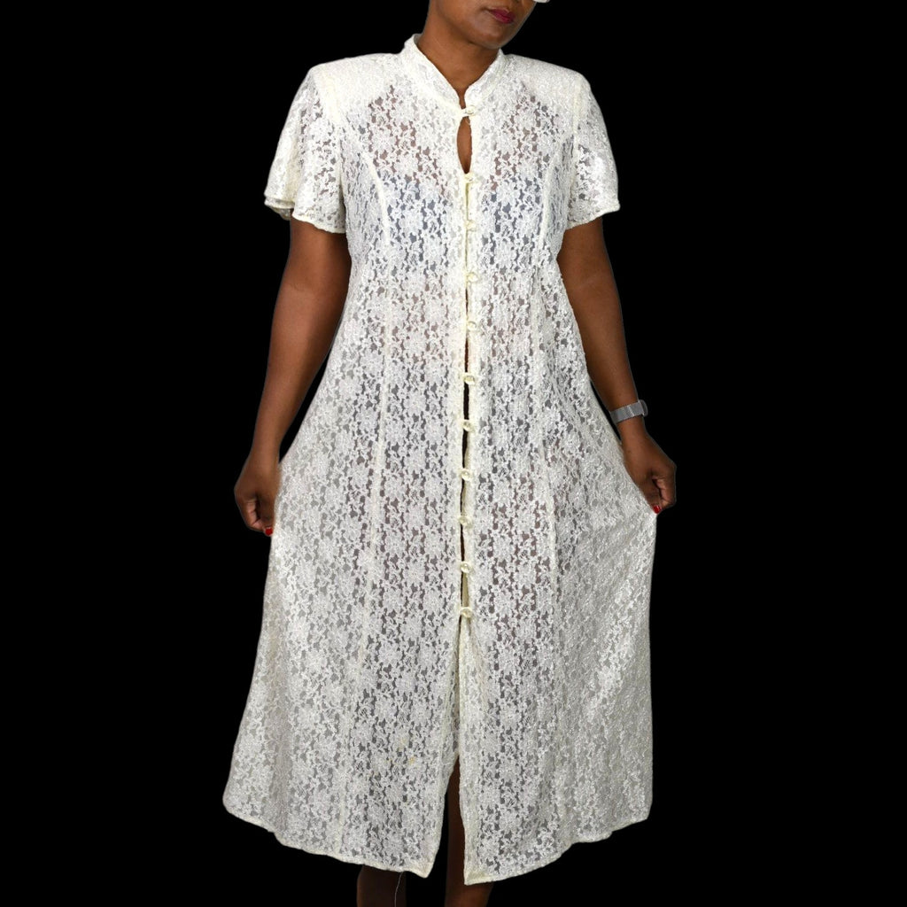 Vintage CW Rose Lace Midi Dress White Ivory Button Front Short Sleeve 80s Sheer Corset Lacing Medium