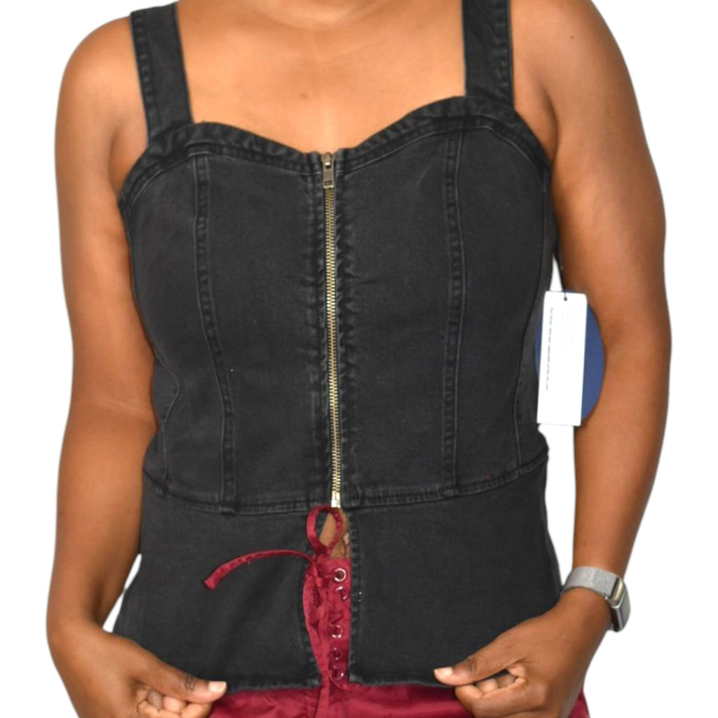 Scoop NYC Denim Bustier Black Corset Tank Top Zip Front Stretch Sweetheart Front Slit Medium