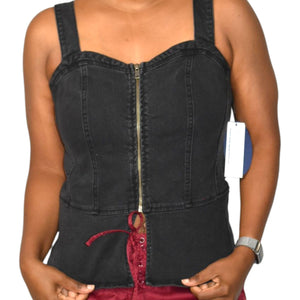 Scoop NYC Denim Bustier Black Corset Tank Top Zip Front Stretch Sweetheart Front Slit Medium