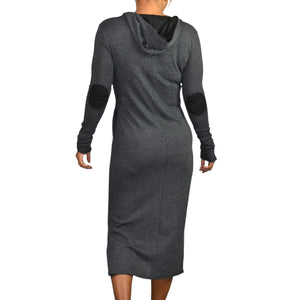 Noctex Sweater Dress Grey Charcoal Wool Midi Hooded Pockets Slits Elbow Patches XS