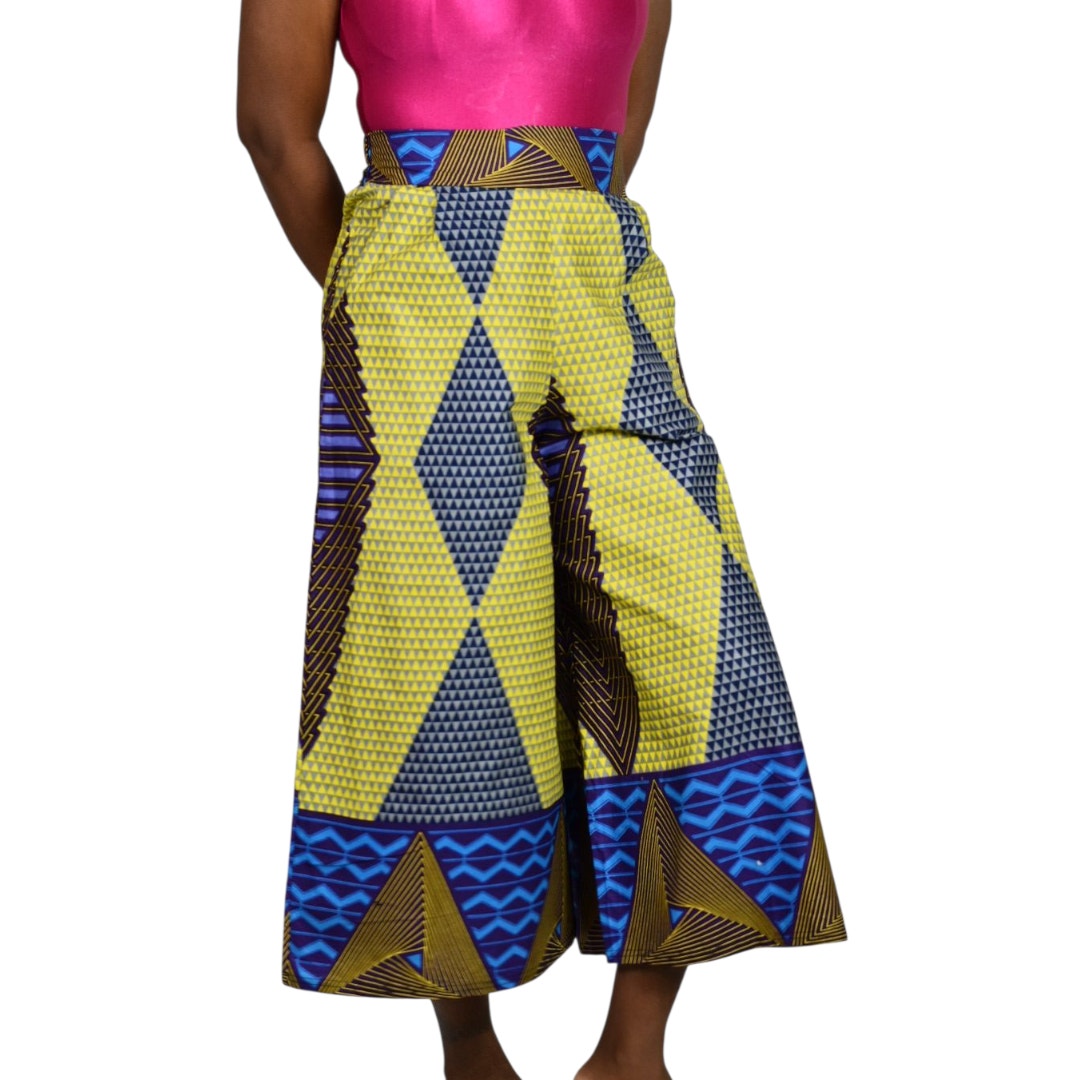 Grass Fields Ankara Wide Leg Crop Pants Yellow Culottes Gaucho African Print Small Medium