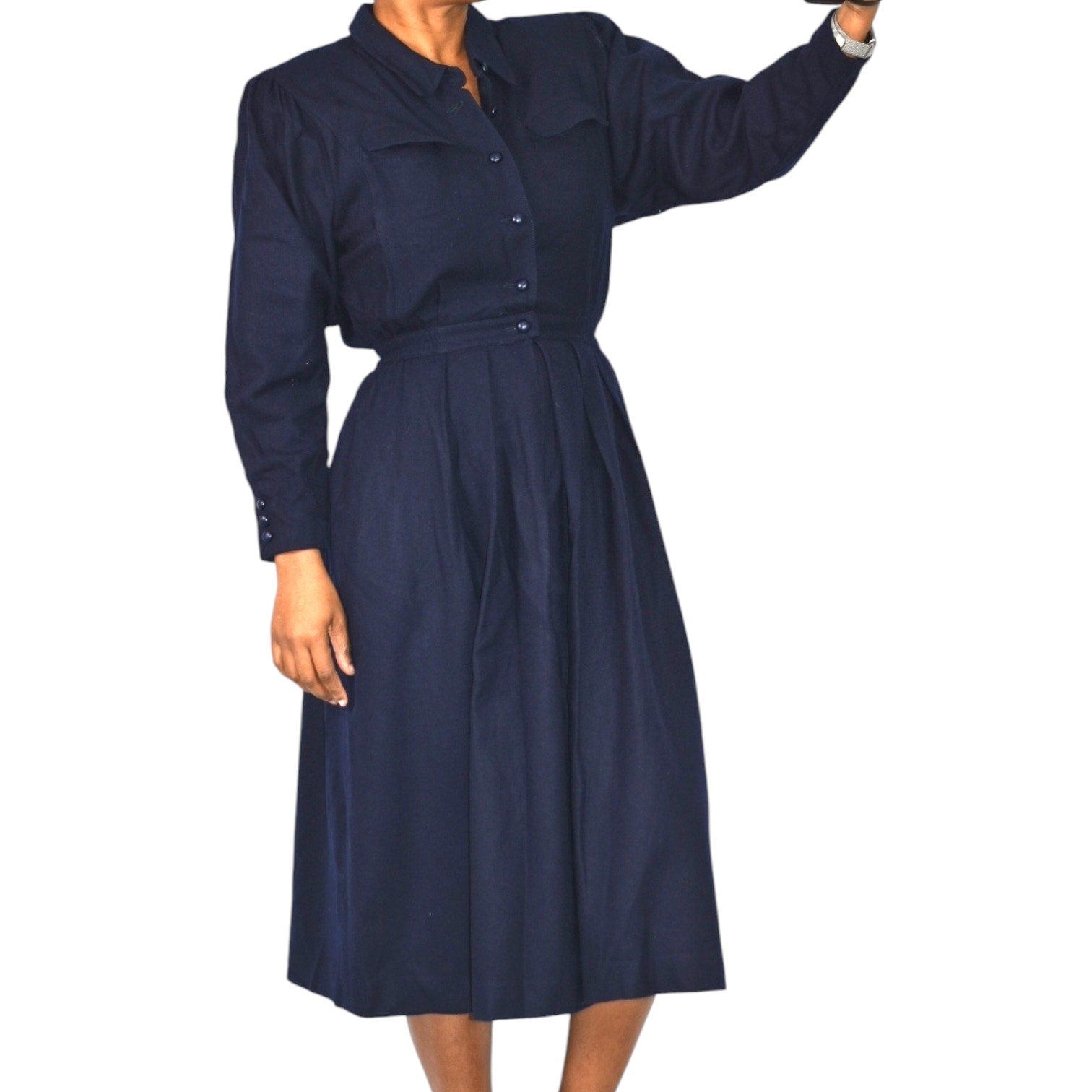 Blue Berry Retro Office Midi Dress Blue Navy Shirt Shoulder Pads Collar Pleated Small 2 4