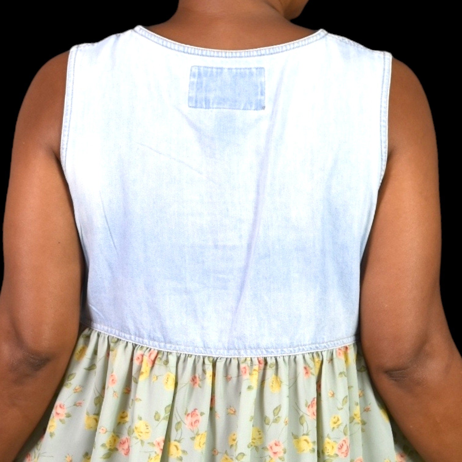 Vintage Express Dress Blue Denim Floral Chiffon Smock Jumper Sundress Button Front Jean 90s Size Medium