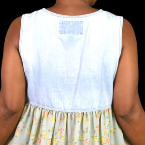 Vintage Express Dress Blue Denim Floral Chiffon Smock Jumper Sundress Button Front Jean 90s Size Medium