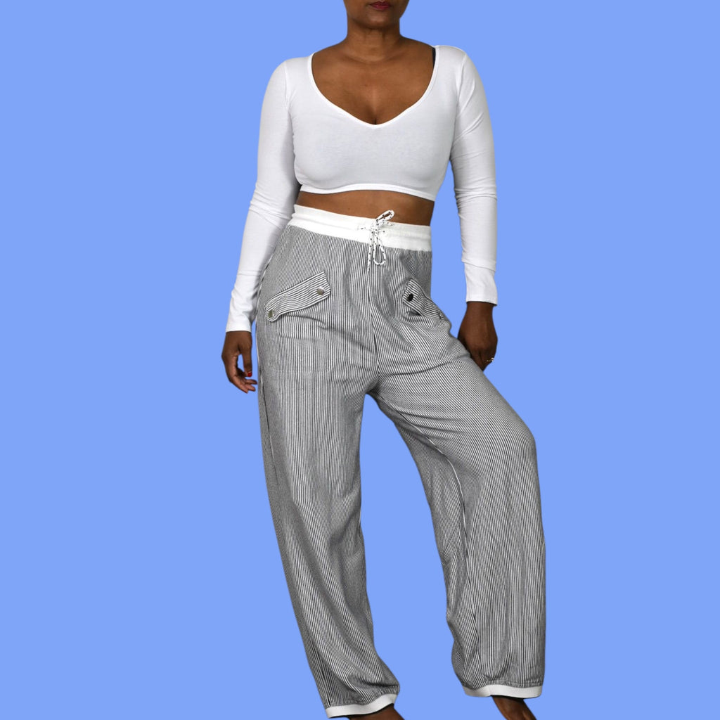 Vintage Lyse Spenard Weekend Pants Black Stripe Knit Drawstring Pull On Stretch Lagenlook Large