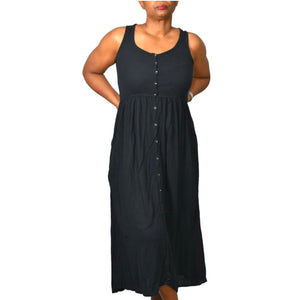 Frye Easy Button Front Dress Black Midi Minimalist Tank Jersey Knit Pockets Rayon XS