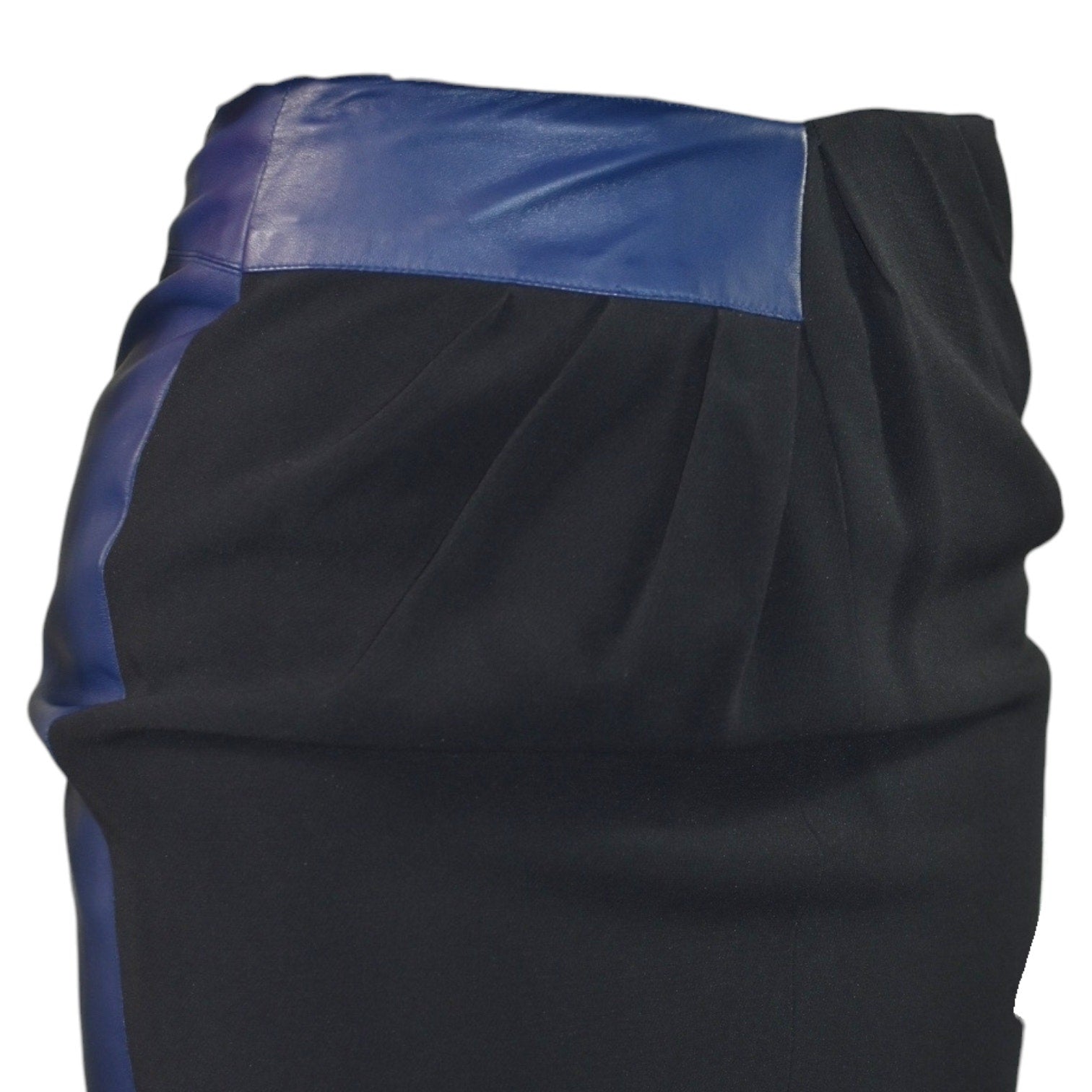 Raoul Two Tone Skirt Blue Leather Black Crepe Pencil High Waist Pleated Slit Small